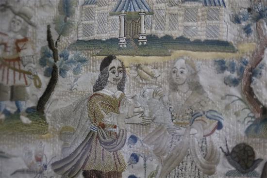 A 17th century English stumpwork panel, 10.75 x 14.5in.